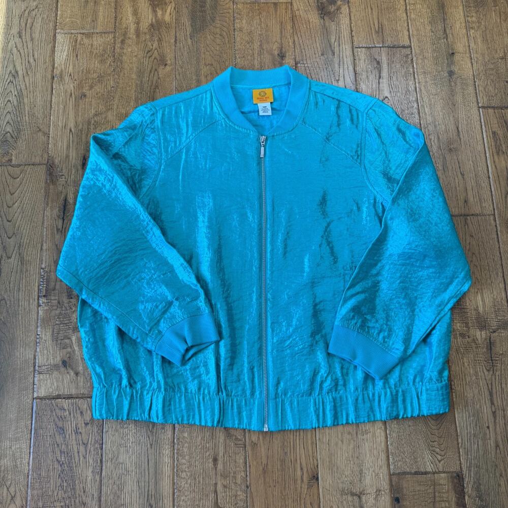 Ruby Rd. Womens 18W Shiny Teal Long Sleeve Zip-Up Jacket Sz 16W Cinch Waist - Picture 1 of 5